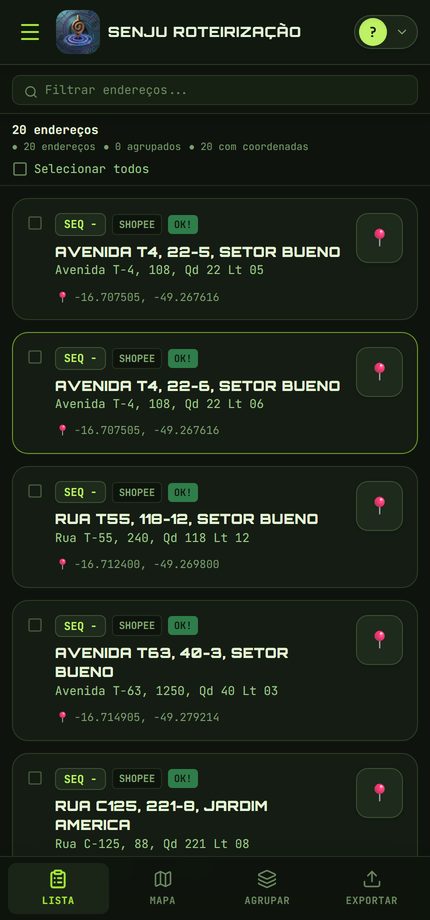 Lista de endereços já geolocalizados no app Senju Roteirização