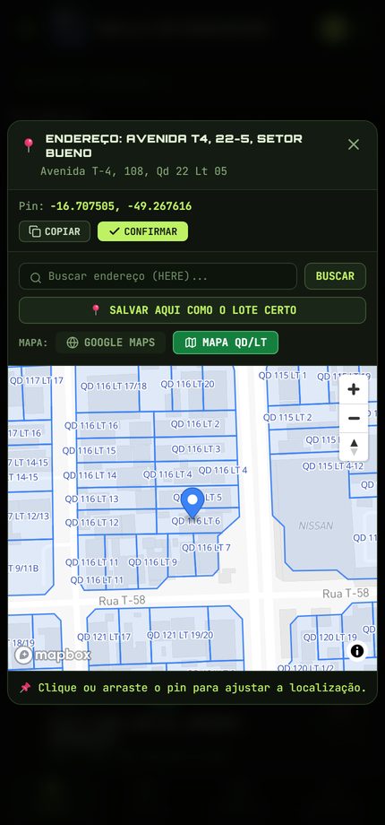 Mapa de quadra e lote com o pin sobre o lote correto