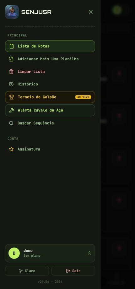Menu do app com histórico, torneio e alerta de manutenção